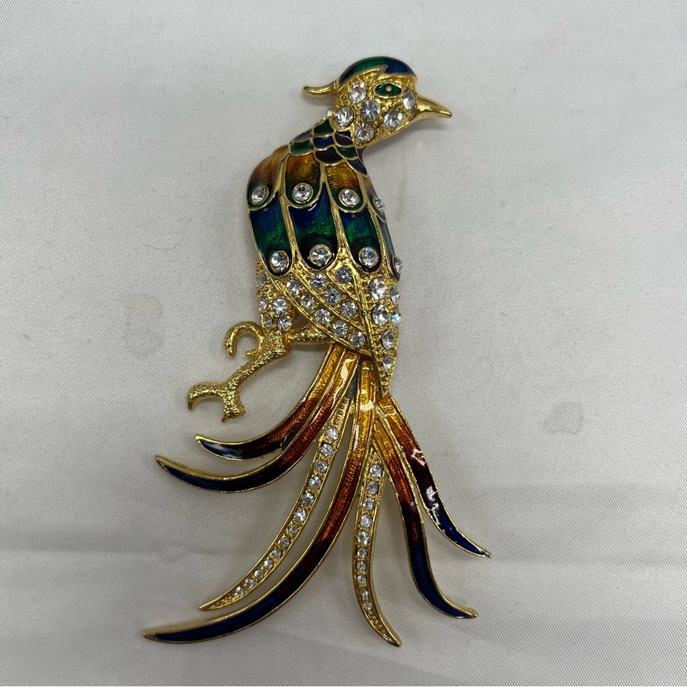 Wendy Large 4" Colorful Vintage Red Green Enamel Rhinestone Exotic Bird Brooch